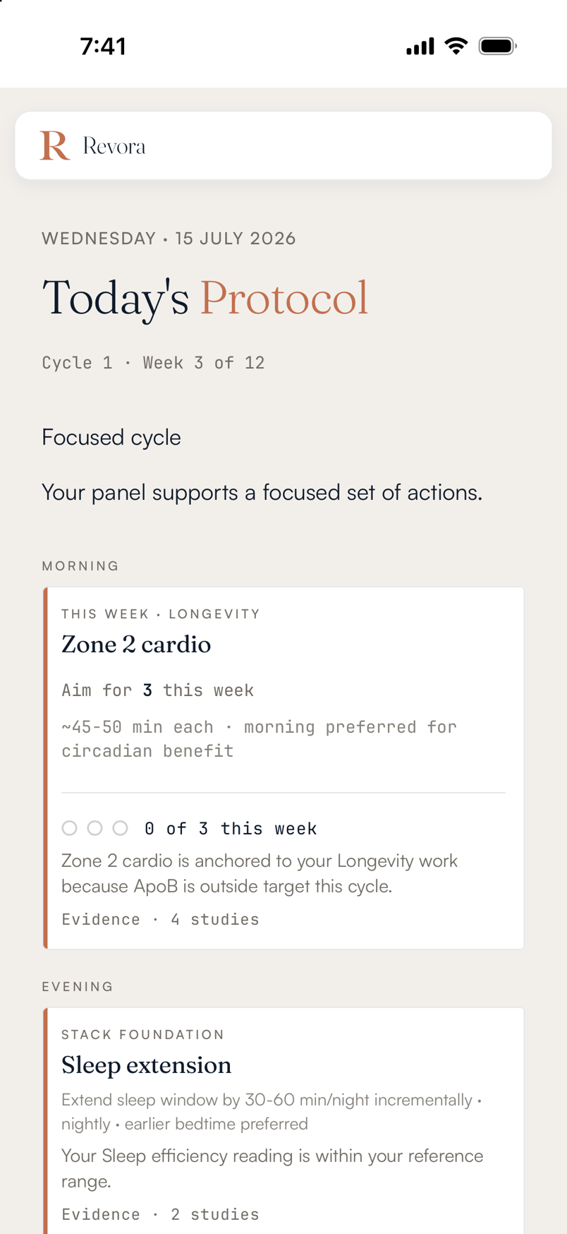 Revora app, today's protocol — your morning and evening actions, each naming the marker it targets. Example.
